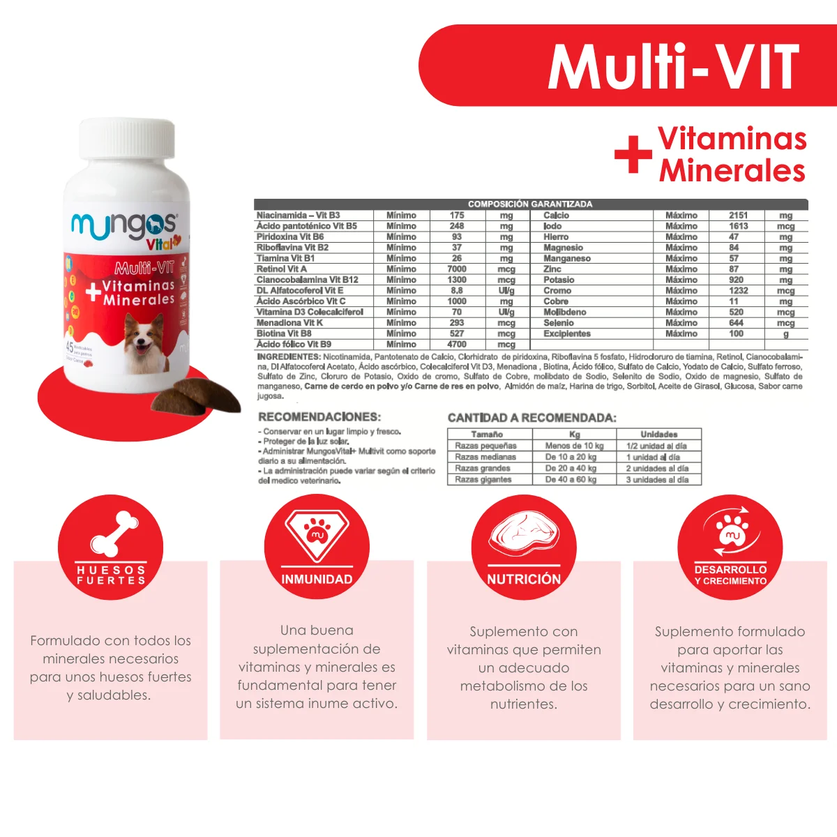 Suplementos, vitaminas, Galletas y Snacks saludables para perros y gatos - Productos funcionales y saludables - mungos.co Vitaminas y Minerales para Perros – Mungos vital+ Multi-vit x 45 unidades blandas