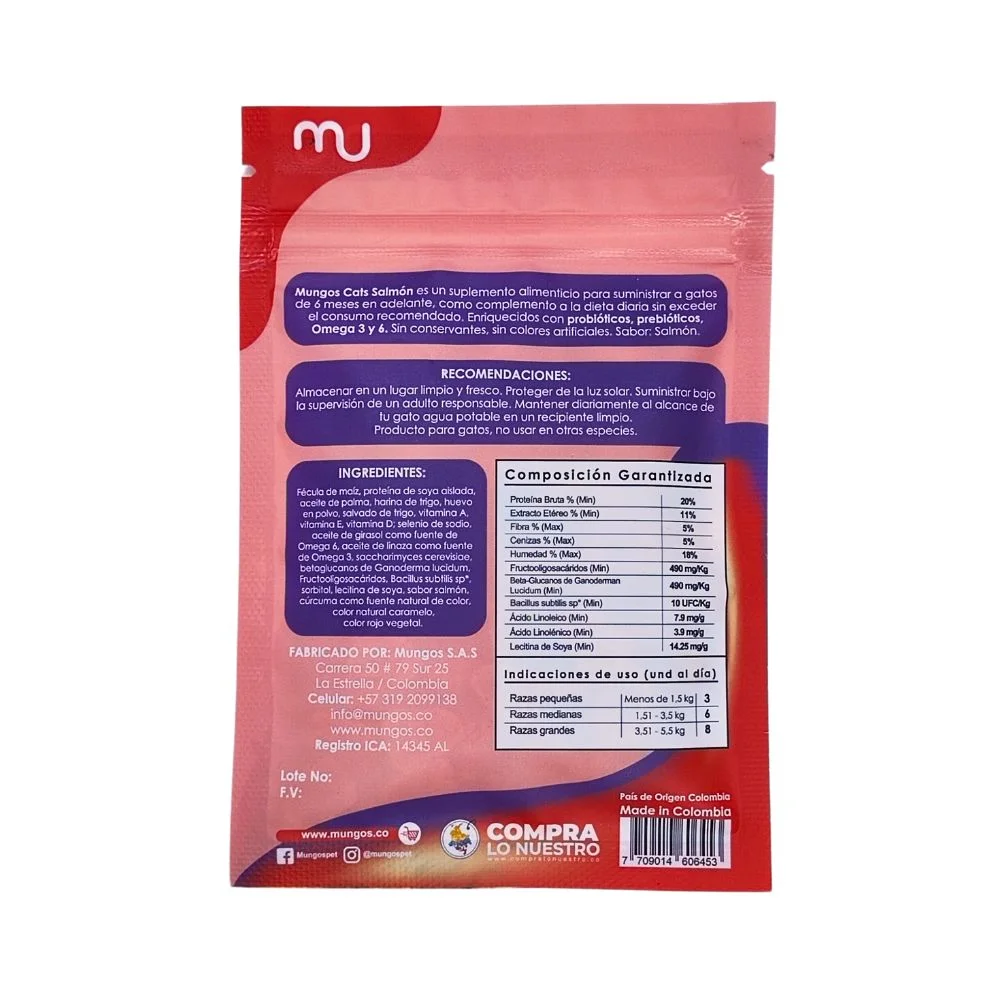 Suplementos, vitaminas, Galletas y Snacks saludables para perros y gatos - Productos funcionales y saludables - mungos.co Mungos Cats Salmón: Deliciosas GALLETAS blandas para gatos con sabor a salmón que llenará de sabor el paladar de tu gato. Formulado especialmente para gatos de 6 meses en adelante .Enriquecidos con prebióticos, probióticos y omega 6 y 3. NO CONTIENE CONSERVANTES.