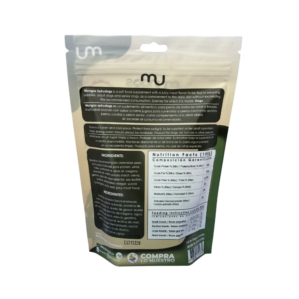 Suplementos, vitaminas, Galletas y Snacks saludables para perros y gatos - Productos funcionales y saludables - mungos.co Mungos SPIRUDOGS® es un Snack funcional con Espirulina, levadura y carbón activado para perros cachorros, adultos, senior y perros en competencia de todas las razas. Espirulina para perros