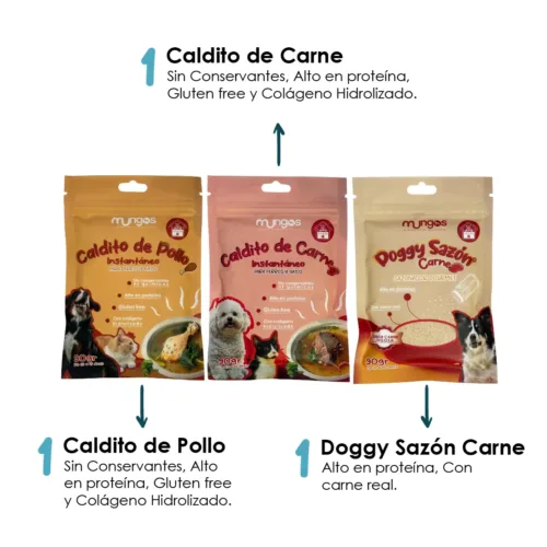 Combo Mungos Caldito de Pollo + Caldito de Carne + Doggy Sazón Carne