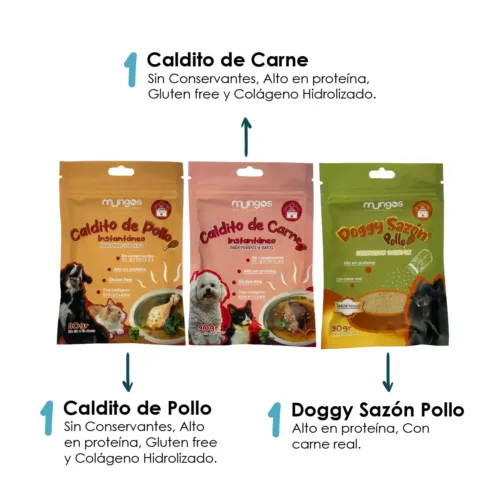 Combo Mungos Caldito de Pollo + Caldito de Carne + Doggy Sazón Pollo