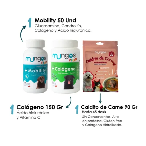 Mungos Mobility x 50 Unds + Colágeno 150 g + Caldito De Carne 22/45 Dosis
