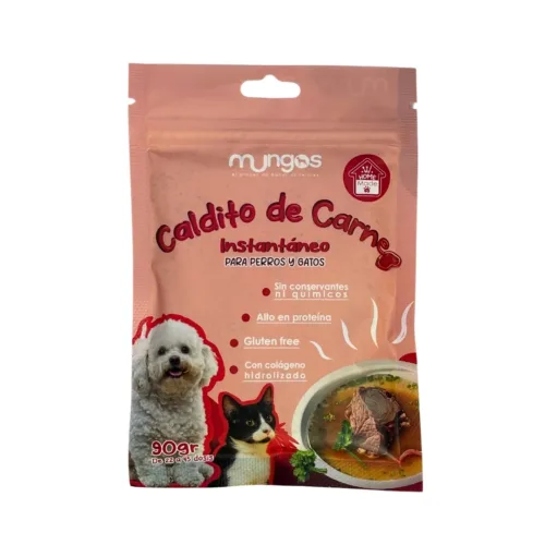 Mungos Caldito de Carne brinda a tus mascotas una experiencia culinaria excepcional!  Añadiendo sabor y nutrientes a la alimentación de tu perro y gato.