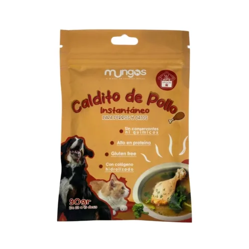 MUNGOS CALDITO DE POLLO brinda a tus mascotas una experiencia culinaria excepcional!  Añadiendo sabor y nutrientes a la alimentación de tu perro y gato. Ofrece lo mejor a tus mascotas con nuestro caldito de pollo. Rico en nutrientes y fácil de digerir, es el complemento ideal para una dieta equilibrada que mantendrá a perros y gatos saludables y felices