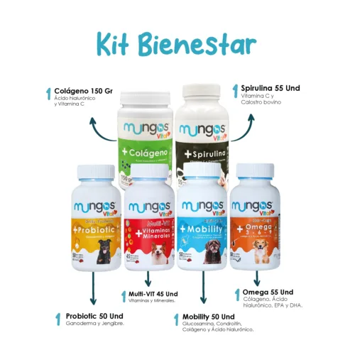 Mungos Kit Bienestar (Mobility-Multivit-Probiotic-Omega-Espirulina-Colágeno)