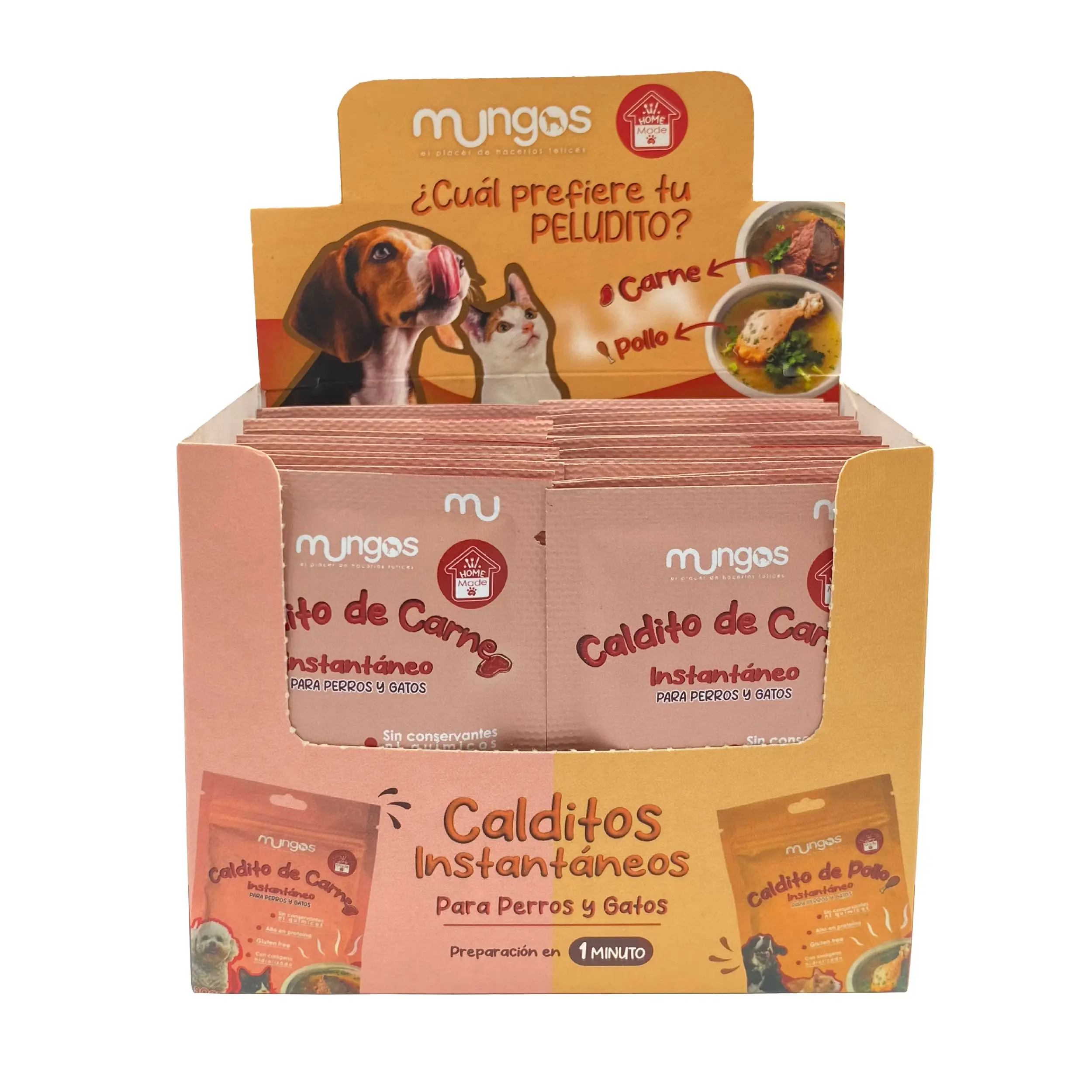 Suplementos, vitaminas, Galletas y Snacks saludables para perros y gatos - Productos funcionales y saludables - mungos.co Caja Sachet Caldito de Carne 24+2