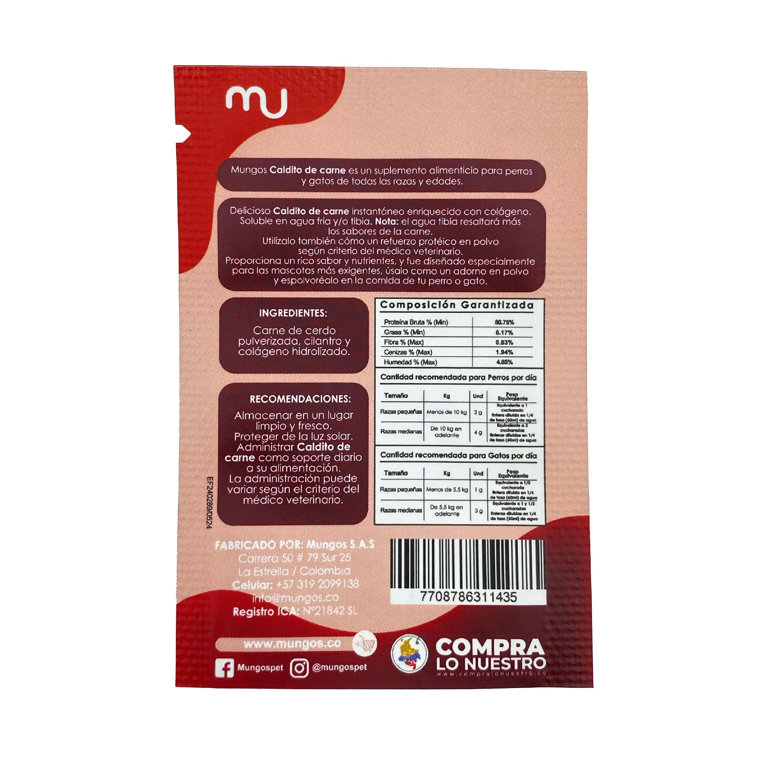 Suplementos, vitaminas, Galletas y Snacks saludables para perros y gatos - Productos funcionales y saludables - mungos.co Sachet Caldito de Carne reverso 8 gramos