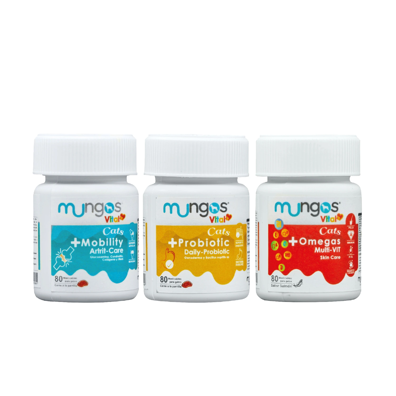 Suplementos, vitaminas, Galletas y Snacks saludables para perros y gatos - Productos funcionales y saludables - mungos.co Kit Bienestar Cats Mobility + Omegas Multivit + Probiotic
